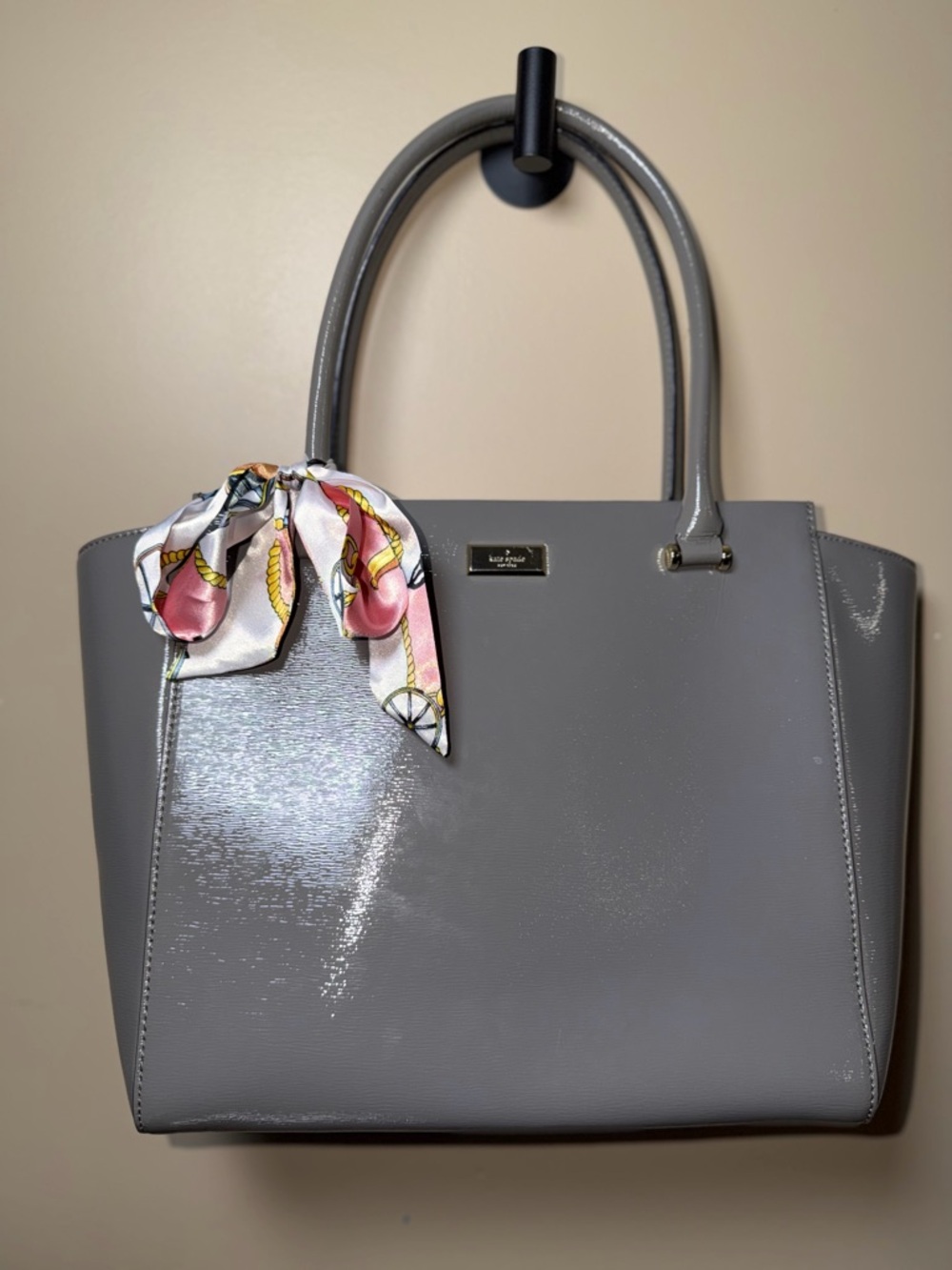 EUC Kate Spade Gray Patent Leather Tote with Scarf Accent